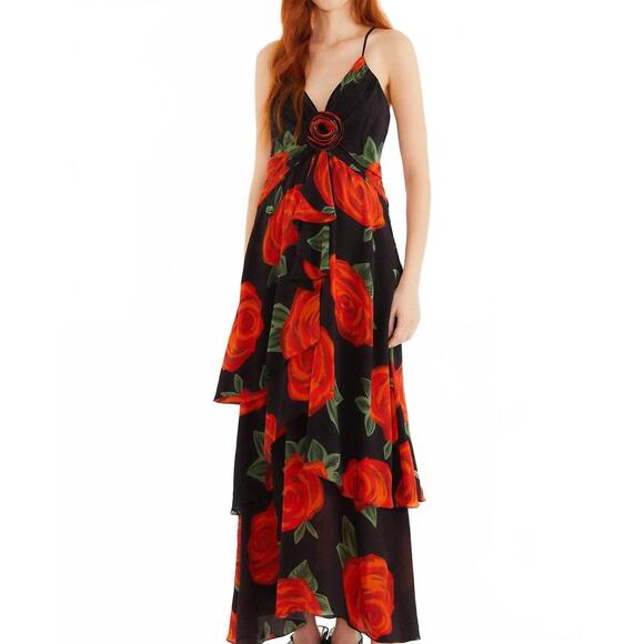 NEW FARM RIO latin roses flower layered maxi dress in black